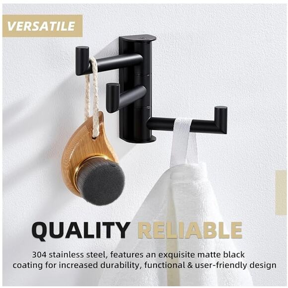 Swivel Stainless Steel Foldable Towel Hook with Multi Three Rotating Arm- Black - Picture 4 of 6
